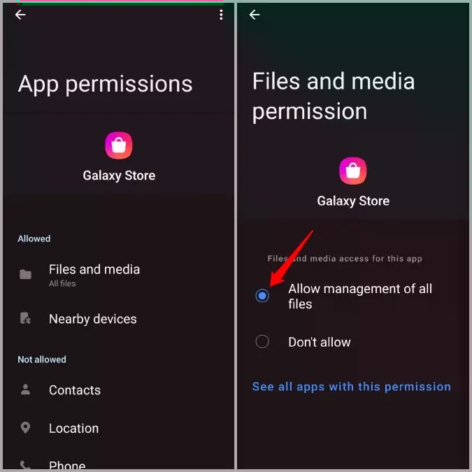 أجبر على إيقاف متجر Galaxy للموبايل سامسونج تحقق من أذونات التطبيق